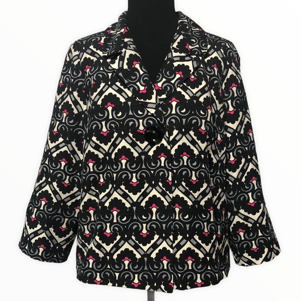 Silkland Vintage Blazer Jacket Womens M 100% Silk Multicolor Jacquard 3/4 Sleeve